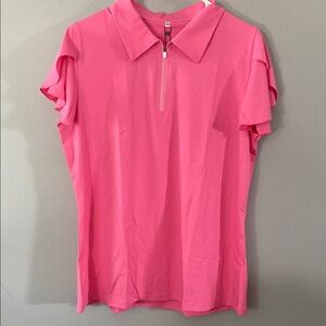 Women's CasualShirt Short Sleeve Polo Sports Slim Zipper Collar V Neck Pink